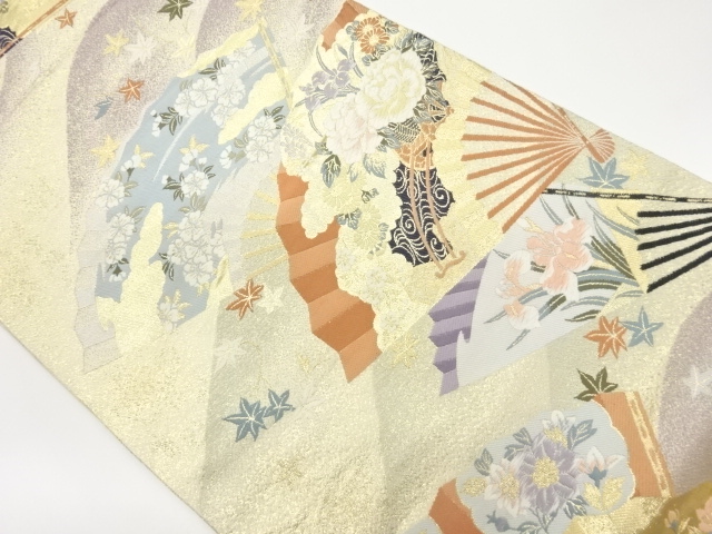 扇子に花々模様織出し袋帯